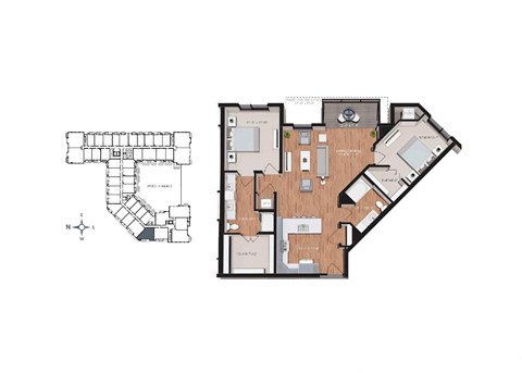 Floor plan for 2 beds, 2 baths, 1175 sqft